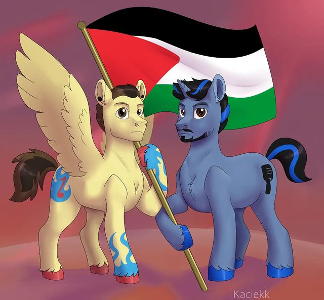 Size: 640x593 | Tagged: safe, artist:kaciekkart, derpibooru import, oc, unofficial characters only, pony, duo, flag, image, jpeg, palestine