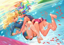 Size: 3508x2480 | Tagged: safe, artist:卯卯七, derpibooru import, applejack, rainbow dash, fish, equestria girls, appledash, barefoot, breasts, bubble, busty applejack, clothes, feet, female, holding breath, holding hands, human coloration, image, jpeg, lesbian, looking at each other, looking at someone, shipping, swimming, swimsuit, underwater, water