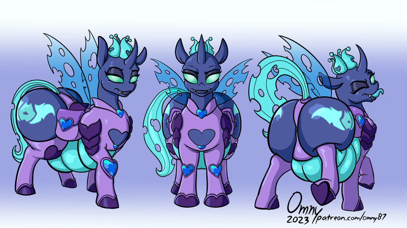 Size: 1500x841 | Tagged: questionable, artist:omny87, derpibooru import, changeling queen oc, oc, oc:sektiss, changeling, changeling queen, ass, bag, belly, butt, changeling horn, changeling wings, clothes, crown, eyelashes, eyeshadow, fangs, fat, female, female oc, flirting, front view, horn, image, jewelry, large butt, leggings, lidded eyes, lips, looking at you, makeup, one eye closed, over the shoulder, panties, png, raised tail, rear view, regalia, saddle bag, sideview, smiling, smiling at you, solo, tail, thong, tongue out, underwear, wings, wink, winking at you