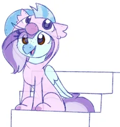 Size: 2032x2160 | Tagged: safe, artist:littleblackraencloud, derpibooru import, silverstream, oc, oc:ocean breeze (savygriffs), classical hippogriff, hippogriff, clothes, hippogriff oc, hoodie, image, onesie, png, sitting, sketch, solo, stairs