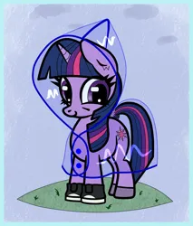 Size: 1700x2000 | Tagged: safe, artist:scandianon, derpibooru import, twilight sparkle, pony, unicorn, clothes, cloud, cute, female, image, looking at you, mare, outdoors, passepartout, png, poncho, rain, raincoat, shoes, smiling, smiling at you, unicorn twilight