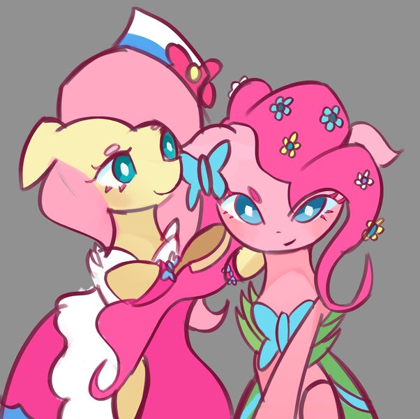 Size: 2480x2473 | Tagged: safe, artist:solid shrimp, derpibooru import, fluttershy, pinkie pie, earth pony, pegasus, pony, blush lines, blushing, clothes, clothes swap, dress, duo, female, floppy ears, flower, flower in hair, gala dress, gray background, image, jpeg, looking at you, mare, pinktober, simple background, smiling, smiling at you