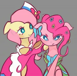 Size: 2480x2473 | Tagged: safe, artist:solid shrimp, derpibooru import, fluttershy, pinkie pie, earth pony, pegasus, pony, blush lines, blushing, clothes, clothes swap, dress, duo, female, floppy ears, flower, flower in hair, gala dress, gray background, image, jpeg, looking at you, mare, pinktober, simple background, smiling, smiling at you