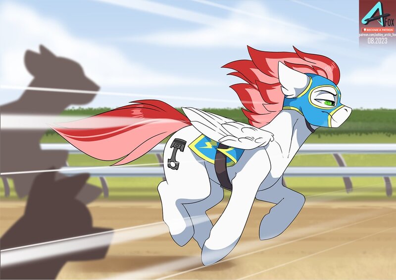 Size: 1100x779 | Tagged: safe, artist:arctic-fox, derpibooru import, oc, unofficial characters only, pegasus, pony, image, jpeg, pegasus oc, racehorse, solo focus, speed lines, wings
