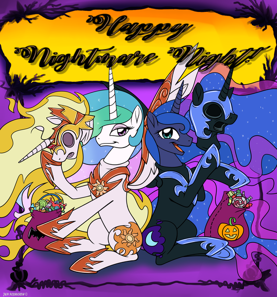 Size: 1963x2107 | Tagged: safe, artist:foxbeast, derpibooru import, daybreaker, nightmare moon, princess celestia, princess luna, alicorn, pony, armor, bodysuit, clothes, commission, cosplay, costume, disguise, duo, female, fetish, halloween, holiday, image, latex, latex suit, mare, mask, masking, nightmare night, nightmare night costume, png, ponysuit, rubber, rubber suit, trick or treat