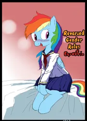 Size: 1200x1668 | Tagged: suggestive, artist:notawriteranon, derpibooru import, rainbow dash, pony, bed, blushing, clothes, image, nervous, png, reversed gender roles equestria, school uniform