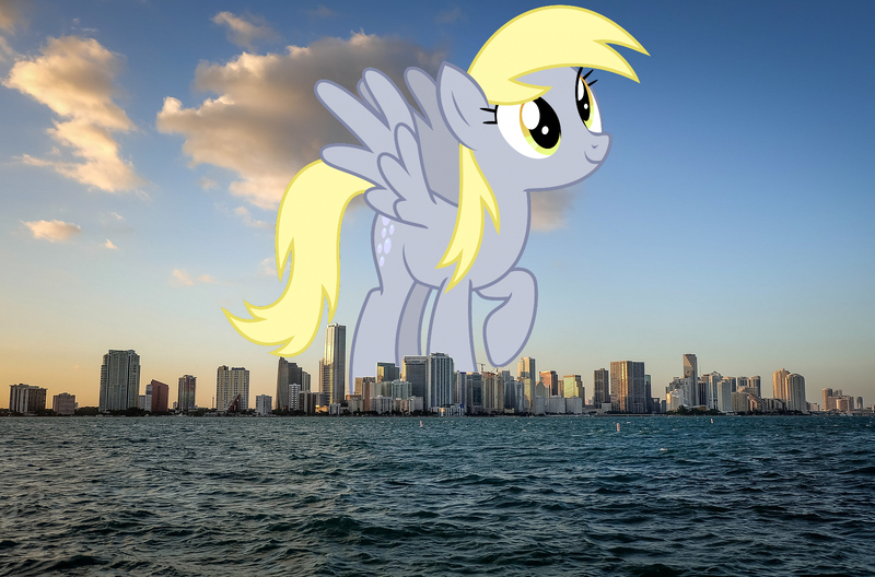 Size: 1600x1056 | Tagged: safe, artist:sketchmcreations, derpibooru import, edit, editor:jaredking779, derpy hooves, pegasus, pony, background pony, female, florida, giant pony, giantess, highrise ponies, image, irl, jpeg, macro, mare, miami, photo, ponies in real life, solo, spread wings, story included, wings