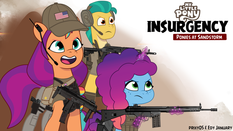 Size: 1920x1080 | Tagged: safe, artist:edy_january, artist:prixy05, derpibooru import, hitch trailblazer, sunny starscout, earth pony, pony, unicorn, g5, my little pony: tell your tale, ak-74, ak-74m, armor, assault rifle, battle rifle, beretta, beretta 90 two, body armor, clothes, delta team, equipment, g3a3, gears, gun, handgun, hat, image, insurgency: sandstorm, military, military pony, military uniform, misty brightdawn, mp7, parody, pistol, png, radio, reference, rifle, simple background, soldier, soldier pony, steam (software), submachinegun, tactical squad, tactical vest, trio, uniform, us army, usp, usp45, vest, wallpaper, weapon
