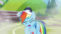 Size: 1280x720 | Tagged: safe, derpibooru import, screencap, rainbow dash, pegasus, pony, 2 4 6 greaaat, coach rainbow dash, coughing, eyes closed, female, hat, image, mare, png, smoke, solo
