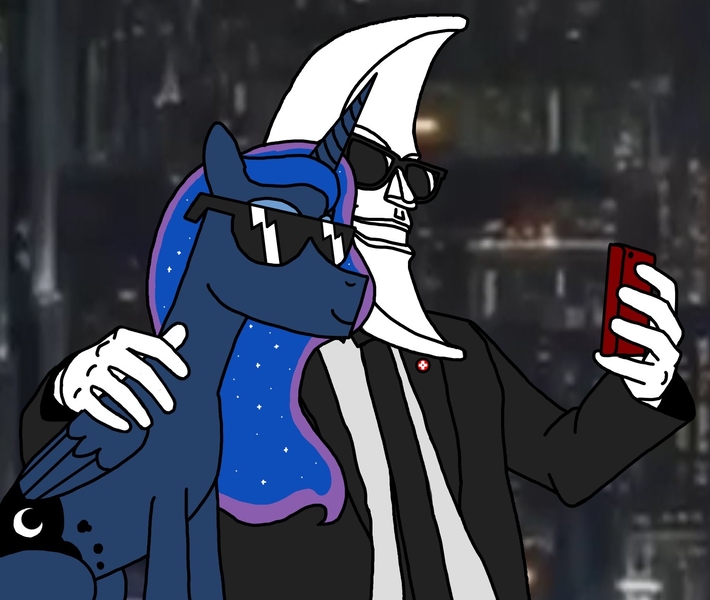 Size: 1502x1270 | Tagged: safe, anonymous artist, derpibooru import, princess luna, human, pony, clothes, derpibooru exclusive, duo, female, image, jpeg, ku klux klan, male, mcdonald's, meme, moonman, phone, selfie, suit, sunglasses