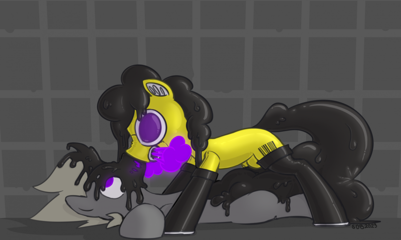 Size: 2480x1485 | Tagged: questionable, artist:superderpybot, derpibooru import, oc, unofficial characters only, earth pony, latex pony, original species, pony, bodysuit, brainwashed, brainwashing, clothes, crotch bulge, drone, duo, earth pony oc, fetish, gas, gas mask, glow, hazmat pony drone, hazmat suit, image, latex, latex fetish, latex suit, liquid latex, living latex, male, mask, null bulge, png, rubber, rubber boots, rubber drone, rubber suit, shiny, simple background, stallion, transformation