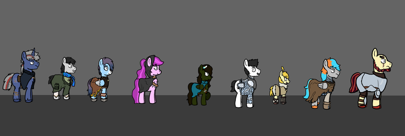 Size: 2084x703 | Tagged: safe, derpibooru import, oc, oc:cinder glyph, oc:funny sun, oc:kempt crusade, oc:profaned lotus, oc:shade flash, oc:slugfest, oc:spry swindle, oc:violet ray, oc:wally dash, armor, barbarian, druid, dungeons and dragons, fantasy class, image, knight, monk, paladin, pen and paper rpg, png, rouge, rpg, warrior, wizard
