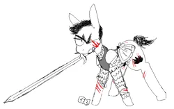 Size: 727x458 | Tagged: semi-grimdark, artist:literalratbastard, derpibooru import, oc, oc:profaned lotus, pony, armor, blood, dungeons and dragons, fighter, image, male, mouth hold, pen and paper rpg, png, rpg, shield, stallion, sword, weapon