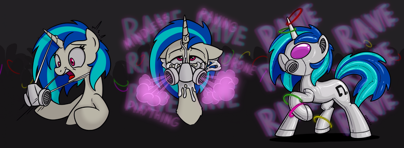 Size: 3164x1164 | Tagged: questionable, artist:superderpybot, derpibooru import, vinyl scratch, pony, unicorn, bodysuit, bondage, brainwashed, brainwashing, breathplay, clothes, comic, dancing, drone, encasement, female, fetish, gas, gas mask, glow, glowstick, image, latex, latex fetish, latex suit, liquid latex, living latex, mare, mask, party, png, rave, rubber, rubber drone, rubber suit, seams, shiny, solo, transformation, transformation sequence