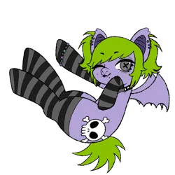 Size: 1300x1300 | Tagged: safe, artist:sillybugdrawz, derpibooru import, oc, oc:bug brainz, unofficial characters only, bat pony, bags under eyes, bracelet, clothes, collar, ear piercing, emo, eyelashes, eyeshadow, floating, image, jewelry, looking at you, makeup, nonbinary, one eye closed, piercing, pigtails, png, ponysona, pose, scemo, skull and crossbones, socks, solo, thigh highs, tongue out, wink, winking at you, x eyes