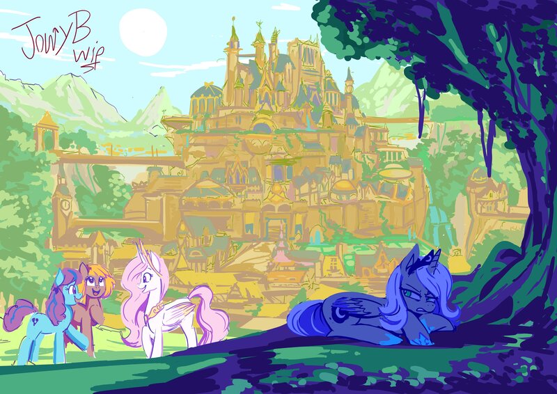 Size: 4096x2896 | Tagged: safe, artist:jowybean, derpibooru import, princess celestia, princess luna, alicorn, earth pony, pony, angry, city, female, image, jpeg, looking back, lying down, mare, open mouth, open smile, past, pink-mane celestia, prone, s1 luna, shade, signature, smiling, tree, wip