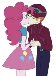 Size: 577x785 | Tagged: safe, artist:nathaniel718, derpibooru import, coach rommel, pinkie pie, human, equestria girls, anime style, cap, female, hat, holding hands, image, kissing, male, png, rommelpie, shipping