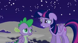 Size: 1146x644 | Tagged: safe, derpibooru import, edit, edited screencap, screencap, spike, twilight sparkle, twilight sparkle (alicorn), alicorn, dragon, owl's well that ends well, season 1, apology, duo, duo male and female, female, folded wings, image, link in source, male, night, png, sad, snow, winged spike, wings, worried