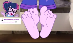 Size: 2896x1720 | Tagged: safe, artist:yungdeez, derpibooru import, sci-twi, twilight sparkle, human, equestria girls, barefoot, clothes, eyes closed, feet, fetish, foot fetish, foot focus, image, pajamas, png, singing, soles, toes, wiggling toes