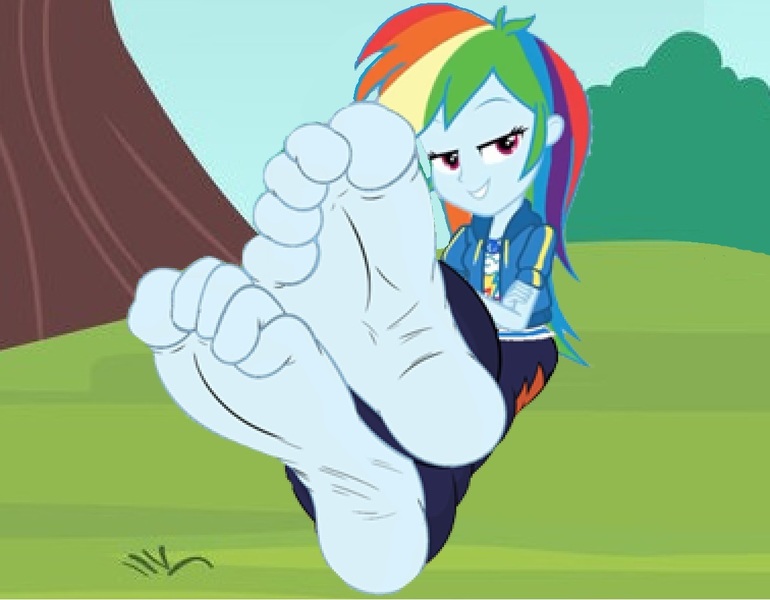 Size: 1134x884 | Tagged: safe, artist:yungdeez, derpibooru import, rainbow dash, human, equestria girls, barefoot, clothes, feet, fetish, foot fetish, foot focus, image, jpeg, looking at you, park, singing, soles, toes, wiggling toes