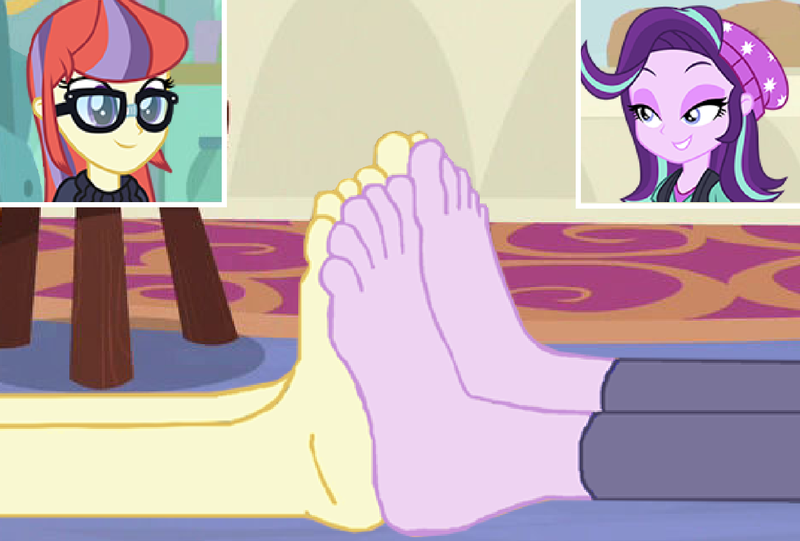 Size: 1234x835 | Tagged: safe, artist:yungdeez, derpibooru import, moondancer, starlight glimmer, human, equestria girls, barefoot, clothes, eyes closed, feet, fetish, foot fetish, foot focus, footsie, image, png, singing, soles, toes, wiggling toes