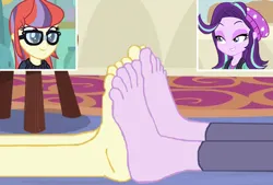 Size: 1234x835 | Tagged: safe, artist:yungdeez, derpibooru import, moondancer, starlight glimmer, human, equestria girls, barefoot, clothes, eyes closed, feet, fetish, foot fetish, foot focus, footsie, image, png, singing, soles, toes, wiggling toes