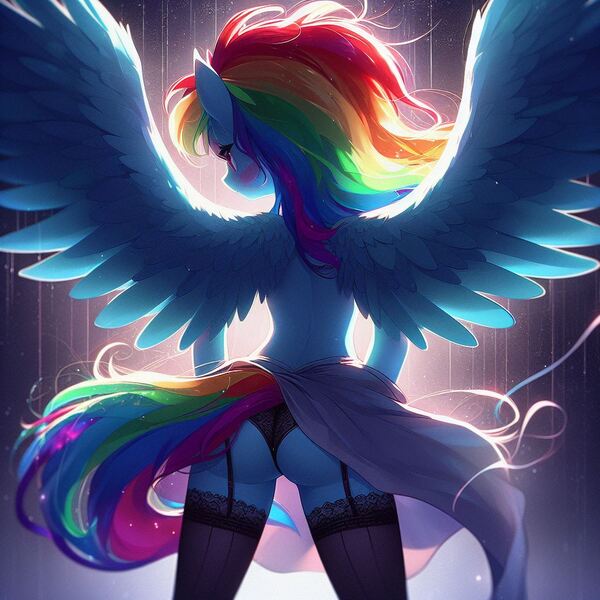Size: 1024x1024 | Tagged: suggestive, derpibooru import, machine learning generated, rainbow dash, anthro, ai content, ass, blushing, butt, clothes, garter belt, generator:dall-e 3, image, jpeg, lingerie, panties, partial nudity, rainbutt dash, simple background, skirt, socks, spread wings, stockings, thigh highs, topless, underwear, wings