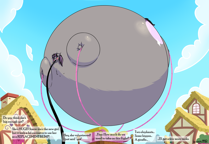 Size: 3600x2480 | Tagged: suggestive, artist:incidental, derpibooru import, oc, oc:magna-save, unofficial characters only, pony, unicorn, air inflation, belly, big belly, bingo wings, blimp, blushing, dialogue, floating, high res, horn, hose, hot air balloon, huge belly, hyper, hyper belly, hyper inflation, image, impossibly large belly, inflation, png, ponyville, puffy cheeks, rope, sky, solo, spherical inflation, squishy