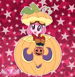 Size: 1253x1285 | Tagged: safe, artist:muhammad yunus, derpibooru import, oc, oc:annisa trihapsari, unofficial characters only, earth pony, pony, base used, clothes, costume, crossover, earth pony oc, female, generator rex, gloves, goggles, grin, halloween, halloween costume, happy, holiday, image, jacket, looking at you, mare, open mouth, open smile, png, pumpkin, pumpkin bucket, red background, rex salazar, simple background, smiling, smiling at you, solo, watermark