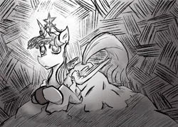 Size: 1120x800 | Tagged: safe, artist:tenrulle, derpibooru import, twilight sparkle, twilight sparkle (alicorn), alicorn, pony, abstract background, big crown thingy, black and white, chained, chains, clothes, dress, element of magic, grayscale, image, jewelry, monochrome, png, regalia, sad, slay the princess, tired