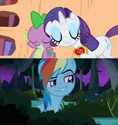 Size: 1024x1079 | Tagged: artist needed, safe, derpibooru import, edit, edited screencap, screencap, rainbow dash, rarity, spike, dragon, pegasus, pony, daring don't, secret of my excess, cute, female, fire ruby, gem, grin, image, male, meme, nuzzling, png, ruby, shipper on deck, shipping, smiling, smirk, sparity, straight