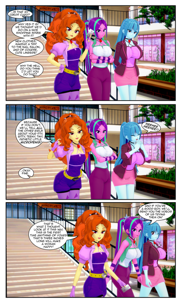 Size: 2740x4580 | Tagged: suggestive, artist:misunderstoodsecrets, derpibooru import, adagio dazzle, aria blaze, sonata dusk, equestria girls, 3d, blackmail, breasts, busty aria blaze, busty sonata dusk, comic, credit card, delicious flat chest, female, femdom, financial domination, findom, flatdagio dazzle, humiliation, image, koikatsu, png, small penis humiliation, the dazzlings