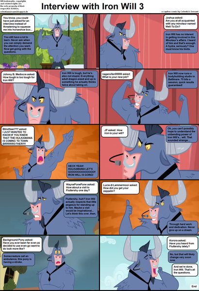 Size: 1282x1876 | Tagged: safe, derpibooru import, edit, edited screencap, screencap, iron will, minotaur, pony, comic:celestia's servant interview, putting your hoof down, background pony, caption, cs captions, image, image macro, interview, looking at you, male, png, text