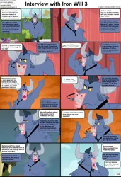 Size: 1282x1876 | Tagged: safe, derpibooru import, edit, edited screencap, screencap, iron will, minotaur, pony, comic:celestia's servant interview, putting your hoof down, background pony, caption, cs captions, image, image macro, interview, looking at you, male, png, text