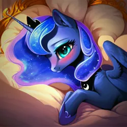 Size: 3072x3072 | Tagged: safe, ai content, derpibooru import, machine learning generated, stable diffusion, princess luna, pony, g4, beautiful, bed, blushing, ethereal mane, generator:purplesmart.ai, high res, image, jpeg, looking at you, on bed, prompter:anonynmi