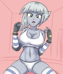 Size: 2362x2775 | Tagged: suggestive, artist:sumin6301, derpibooru import, limestone pie, human, equestria girls, belly button, breasts, busty limestone pie, cleavage, clothes, elbow pads, female, fingerless gloves, gloves, image, indoors, jpeg, looking at you, looking down, looking down at you, midriff, open mouth, panties, pink background, simple background, sitting, sleeveless, socks, thigh highs, underwear