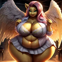 Size: 1024x1024 | Tagged: suggestive, ai content, derpibooru import, machine learning generated, stable diffusion, fluttershy, anthro, pegasus, belly button, big breasts, bra, breasts, busty fluttershy, cleavage, clothes, derpibooru exclusive, fat, female, huge breasts, image, obese, pleated skirt, png, prompter:professordoctorc, skirt, solo, solo female, thighs, thunder thighs, tight clothing, underwear, unhealthy, wide hips