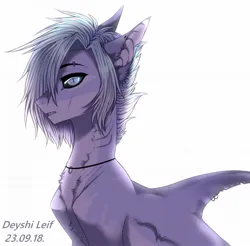 Size: 1280x1261 | Tagged: safe, artist:deyshi_doshirak, derpibooru import, oc, original species, shark, shark pony, black sclera, bust, eyebrow piercing, eyebrows, fangs, fin piercing, fins, gills, hair over one eye, image, jewelry, jpeg, looking at you, necklace, piercing, portrait, shark pony oc, slit pupils, solo