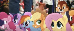 Size: 1920x806 | Tagged: safe, derpibooru import, screencap, applejack, fluttershy, pinkie pie, rainbow dash, twilight sparkle, alicorn, pegasus, pony, unicorn, applejack's hat, cameo, chip and dale, chip and dale rescue rangers, cowboy hat, female, grin, hat, image, jpeg, male, mare, open mouth, open smile, smiling