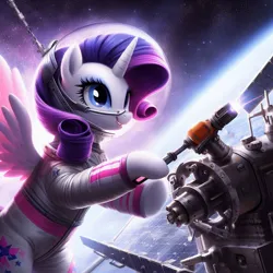 Size: 1024x1024 | Tagged: safe, derpibooru import, machine learning generated, rarity, alicorn, pony, ai content, alicornified, astronaut, female, generator:bing image creator, generator:dall-e 3, image, jpeg, mare, planet, race swap, raricorn, satellite, solar battery, solar panel, solo, space, space helmet, spacesuit, spread wings, tail, wings