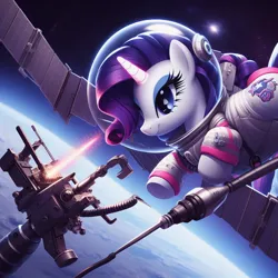Size: 1024x1024 | Tagged: safe, derpibooru import, machine learning generated, rarity, pony, unicorn, ai content, astronaut, female, generator:bing image creator, generator:dall-e 3, image, jpeg, mare, planet, satellite, solar battery, solar panel, solo, space, space helmet, spacesuit, tail, wings