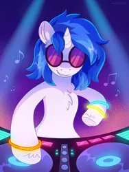 Size: 2304x3072 | Tagged: safe, artist:skysorbett, derpibooru import, vinyl scratch, pony, unicorn, bracelet, chest fluff, cute, female, g4, grin, horn, image, jewelry, mare, music notes, png, smiling, solo, sunglasses, turntable, vinyl's glasses, vinylbetes