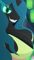 Size: 2306x4096 | Tagged: suggestive, artist:skyspeardraw, derpibooru import, queen chrysalis, anthro, changeling, changeling queen, bra, breasts, busty queen chrysalis, clothes, evil grin, eyeshadow, female, g4, glow, glowing eyes, grin, horn, image, jpeg, looking at you, makeup, smiling, smiling at you, solo, solo female, underwear