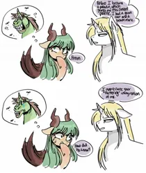 Size: 1080x1288 | Tagged: safe, derpibooru import, oc, oc:iris (succupony), oc:strong shield, unofficial characters only, pony, succubus, succubus pony, unicorn, annoyed, bat wings, female, floppy ears, horns, image, imagination, jpeg, male, mare, parody, simple background, speech bubble, stallion, succupony, text, text bubbles, traditional art, unamused, white background, wings