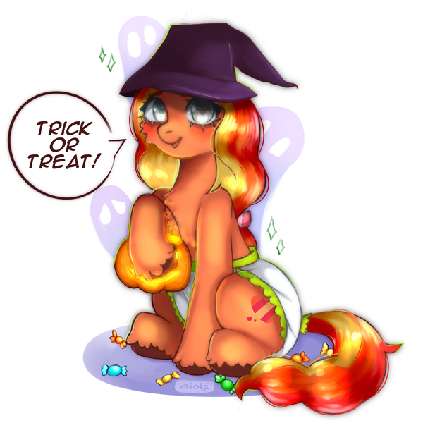 Size: 2048x2048 | Tagged: safe, artist:vaiola, derpibooru import, oc, oc:hazy days, unofficial characters only, ghost, pony, undead, big eyes, candy, chest fluff, clothes, commission, costume, cute, cutie mark, diaper, diaper fetish, fetish, food, full body, halloween, halloween costume, happy, hat, holiday, image, jack-o-lantern, long mane, looking at you, non-baby in diaper, open mouth, png, poofy diaper, pumpkin, shadow, simple background, solo, sparkles, speech bubble, text, trick or treat, white background, witch hat, ych result