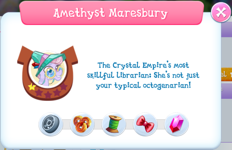 Size: 1194x776 | Tagged: safe, derpibooru import, official, screencap, amethyst maresbury, crystal pony, pony, age, album, bio, bow, coin, crystal, crystal empire, crystal librarian, description, elder, elderly, english, female, g4, game screencap, gameloft, gem, glasses, grin, hat, image, librarian, lucky coin, lucky coins, mare, mobile game, my little pony: magic princess, name, old, png, skill, smiling, solo, spool, stars, text, twine, wheel, x