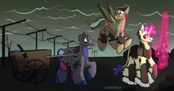 Size: 2935x1536 | Tagged: semi-grimdark, artist:inkbl0t, derpibooru import, oc, oc:needlepoint, oc:revelation, oc:starpath, unofficial characters only, earth pony, ghoul, pegasus, pony, undead, unicorn, fallout equestria, armor, background, cart, cloud, cloudy, group, gun, image, png, rifle, scar, sniper, sniper rifle, stitches, walking, wasteland, weapon