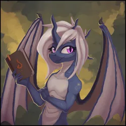 Size: 2600x2600 | Tagged: safe, artist:phi, derpibooru import, oc, oc:snowy smarty, unofficial characters only, anthro, dragon, anthro oc, book, cloud, cloudy, dragon wings, dragoness, eyebrows, female, halfbody, horn, image, png, scales, solo, solo female, wings