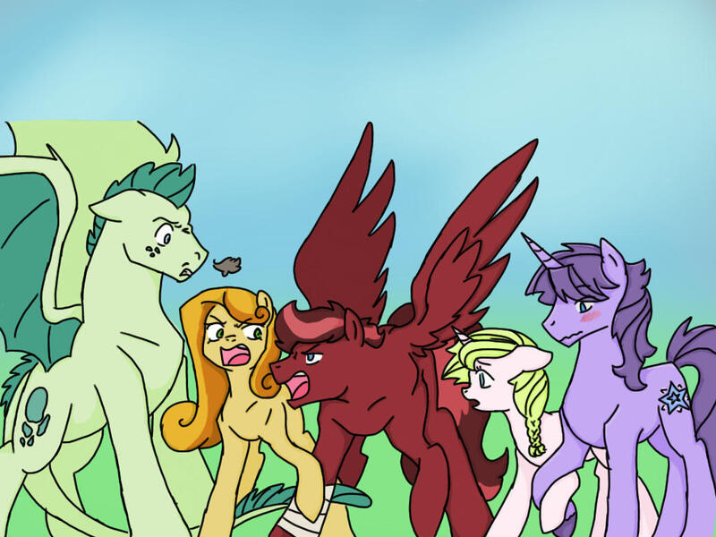 Size: 1024x768 | Tagged: safe, artist:kianamai, artist:nightshadetheranger, derpibooru import, oc, unofficial characters only, dracony, dragon, hybrid, pegasus, pony, unicorn, blushing, female, image, jpeg, male, mare, snorting, stallion