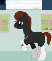 Size: 774x908 | Tagged: grimdark, artist:asknursenimble, derpibooru import, oc, earth pony, pony, blood, image, male, png, scissors, self harm, solo, stallion, tumblr:ask nurse nimble